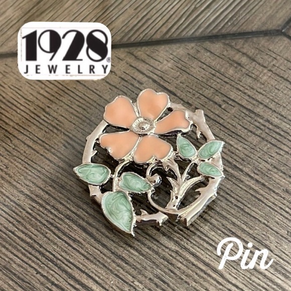 Vintage 1928 Brand Silver-tone & Enamel Floral Pin - Picture 1 of 14